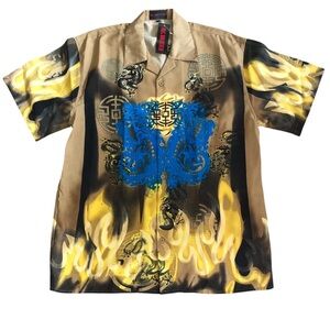 Vintage Y2K Big Brother Button Up Graphic Shirt Size Large Silky Dragon Flames